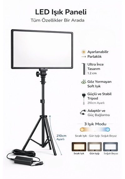 Kare Soft Işık Profosyonel Led Panel Makeup Fotoğraf Video Çekim Işığı Güçlendirilmiş Tripod 2.10 Cm Siyah