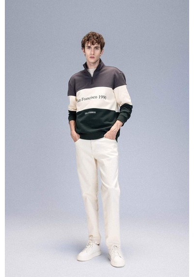 DeFacto Relax Fit Dik Yaka Fermuarlı Baskılı Kalın Sweatshirt D2562AX24AUAR63