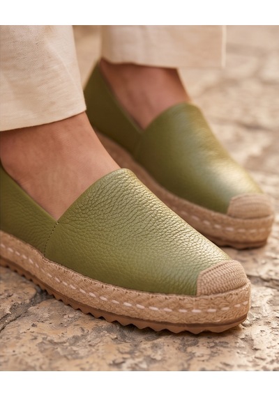 Futsishoes Lucıa Su Yeşili Hakiki Floter Deri Dikiş Detaylı Kadın Espadril Yeşil