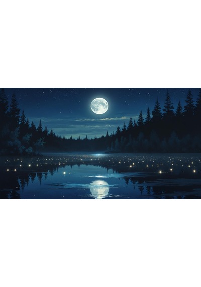 Doğa Ve Manzara Yatay Sakin Bir Gölün Üzerinde Parlayan Dolunay Suda Yansıyan Yıldızlar 02 Çerçevesiz 90x60cm Pvc Tablo