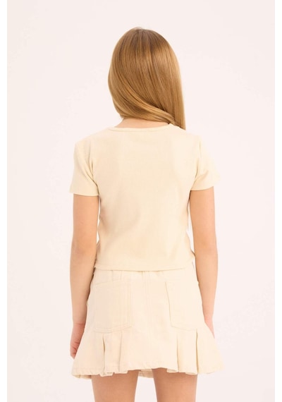 DeFacto Kız Çocuk Slim Fit Dar Kesim Bisiklet Yaka Kısa Kollu Tişört D9269A825SMER83 Ekru