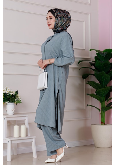 Sevitli Yırtmaç Detaylı Tunik Pantolon Takım-gri-4866