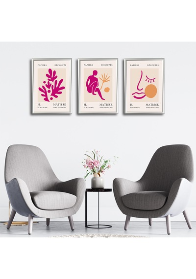 Henri Matisse 3'lü Alüminyum Çerçeveli Poster Seti - Önden Açılır A3 Açılır Kapanır Çerçeve Seti Fuşya Pembe Soyut Figürler, Gümüş