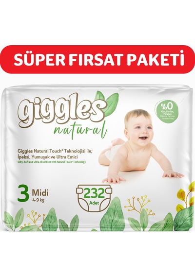 Giggles Natural 3 Numara Midi Pamuklu Bebek Bezi 232 Adet