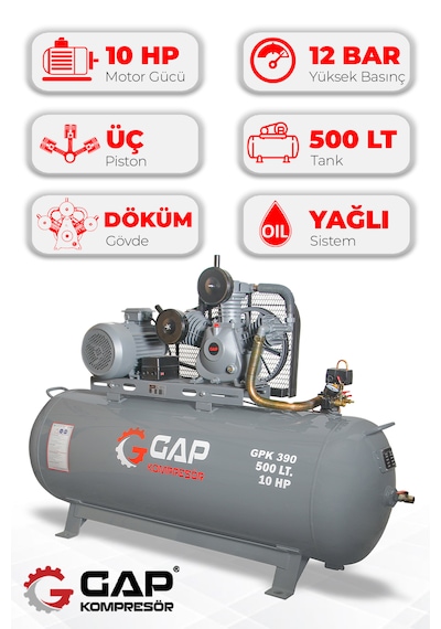 Gap Kompresör Gpk 390 Hava Kompresörü Pistonlu 500 Lt 3 Kafa 12 Bar 10 Hp