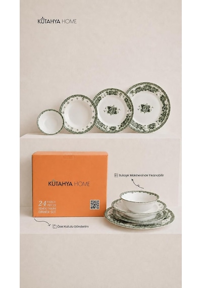 Green Romance 24 Parça Porselen Yemek Takımı, Yeşil Çiçekli, Kütahya Home Diğer