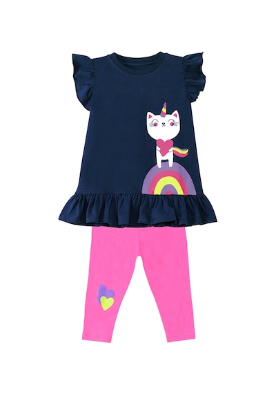 Lacivert Pembe Unicorn Kedi Fırfırlı Kız Çocuk Yazlık T-shirt Tayt Takım