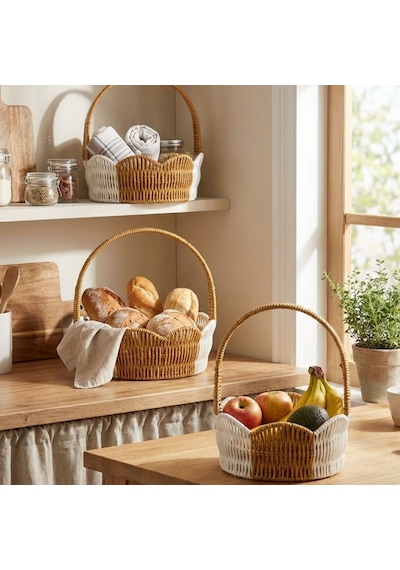 Buffer İç İçe Geçebilen 3 Lü Çift Renkli Yuvarlak Dalgalı Formlu Saplı Plastik Rattan S Çok Renkli