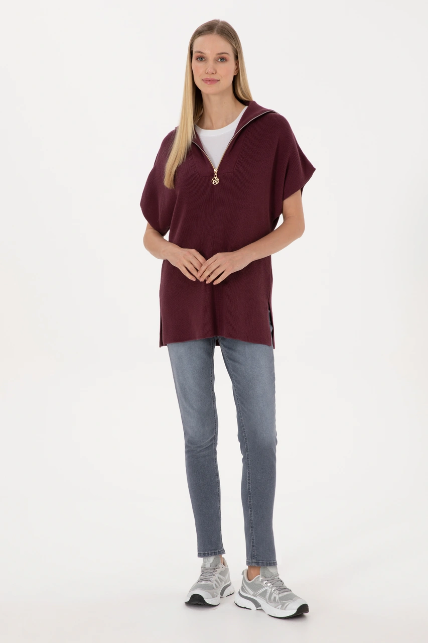 U.S. Polo Assn. Kadın Bordo V Yaka Fermuarlı Süveter 50317570-VR177