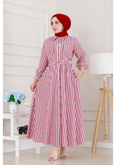 Sevitli Çizgili Cepli Tesettür Elbise-bordo-5133 Bordo