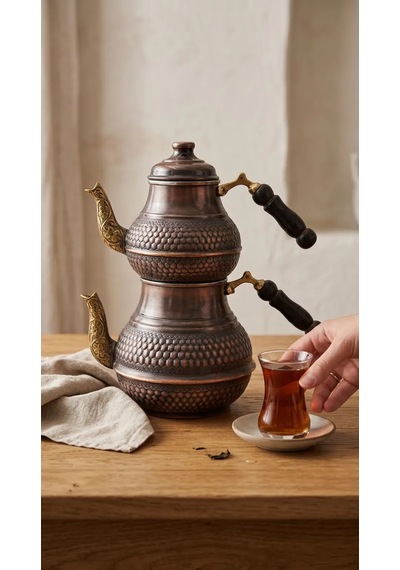 Aura Copper El İşlemeli Bakır Çaydanlık Seti 1 Mm Üst 850-950 Ml Alt 1850-1950 Ml 27 Cm Oksitli Bakır