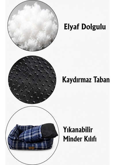 Premium Kedi Ve Köpek Yatağı Kafa Destekli Kaydırmaz Taban Yıkanabilir Fermuarlı Minder %100 Boncuk Elyaf Lacivert 1605513026