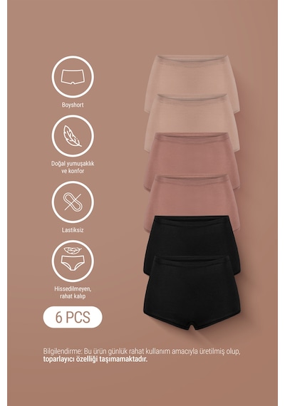 Auw Kadın Lastiksiz Pamuklu Modal Basic Boyshort 6'lı - Softfit Çok Renkli Auw Kadın Lastiksiz Pamuklu Modal Basic Boyshort 6'lı - Softfit Çok Renkli