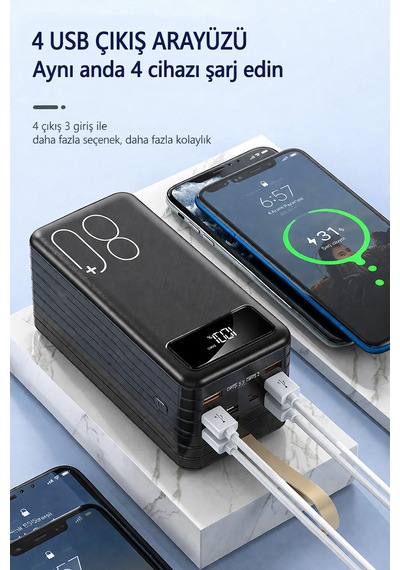 Exenar - Siyah - 80.000mah Powerbank Kamp Led Işıklı Kendinden Kablolu Powerbank 4xusb-1typec-1lightning Giriş