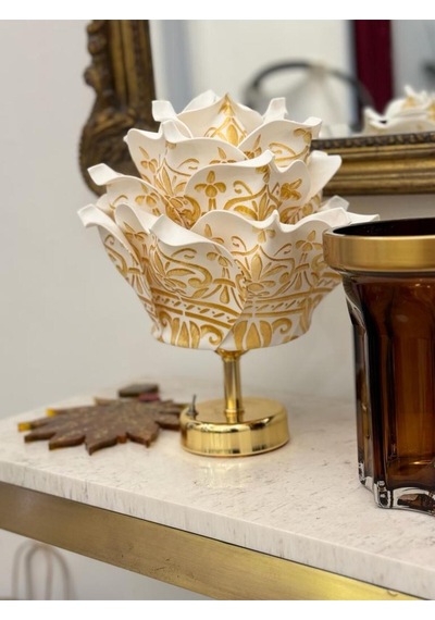 Dekor Yapay Eva Gül Kablosuz Masa Lambası Üst Gold Desen-alt Parlak Gold Detay 9v Pil 75-90 Saat