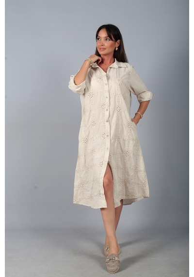 By Saygı Kadın İtalyan Cotton Cepli Kabartma Nakışlı Pullu Oversize Uzun Elbise Bej