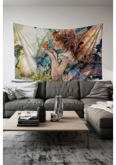 Peri Ve Kelebek Desenli Duvar Halısı Duvar Örtüsü Tapestry Süet Dokulu Kumaş