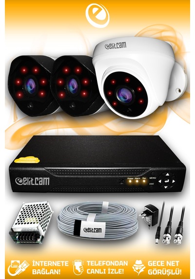 Elitcam 3 Kameralı Uzay 1 İç Kamera Set HDD'siz Full HD Gece Görüşlü Güvenlik Kamerası Sistemi