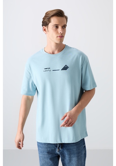 Tommy Life Açık Mavi Pamuklu Kalın Yumuşak Dokulu Oversize Fit Baskılı Erkek T-shirt - 88330 Açik Mavi