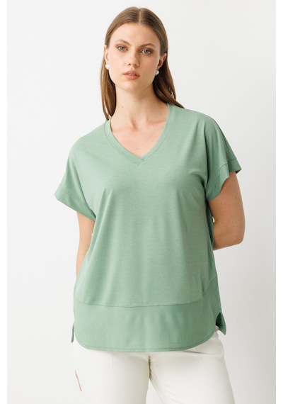On Kadın Büyük Beden V Yaka Parçalı T-shirt 71476 Haki