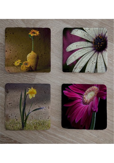 Papatya Ve Çiçekler Doğal Taş Bardak Altlığı 4'lü Set - Natural Stone Coasters - Taş Çok Renkli