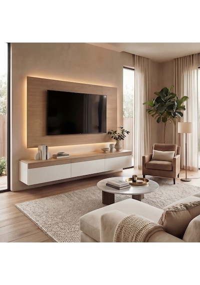 Purelıne Ledli Duvar Tv Ünitesi 140 Cm Meşe Beyaz Beyaz-meşe 140 Cm