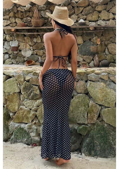 Bella Notte Puantiye Desenli 3 Parça Plaj Kombini Bikini Takımı Ve Pareo Siyah
