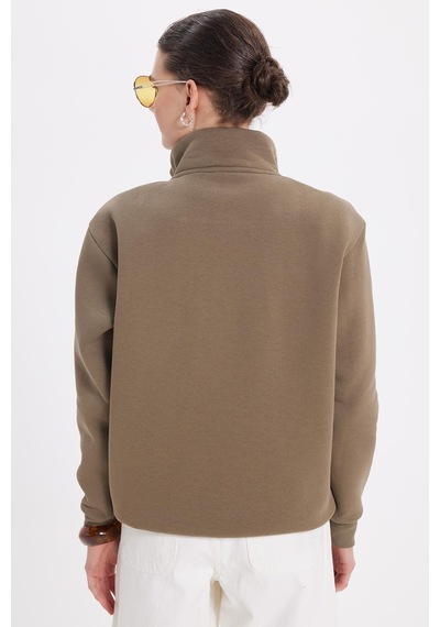 Tudors Kadın Relax Fit Rahat Kesim Pamuklu İçi Polarlı Yarım Fermuarlı Haki Dik Yaka Sweatshirt-42073 Haki