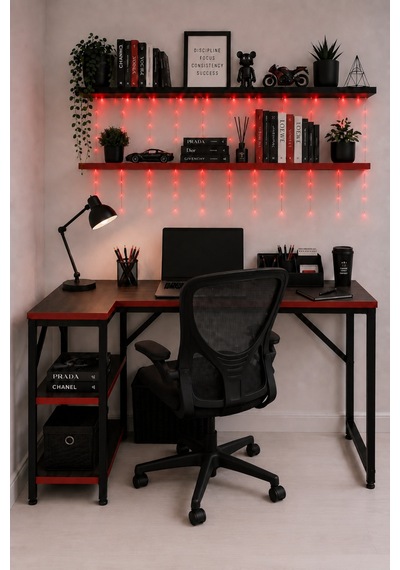 Siyah/kırmızı L Masa, Kitaplıklı, Raflı, 120 Cm Çalışma Masası, Bilgisayar, Pc, Oyuncu, Gaming Masası Metal Ayaklı