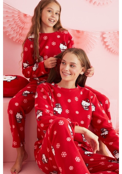 Siyah İnci Lisanslı Polar Çok Renkli Bisklet Yaka Pijama Takım Hk324 Kırmızı