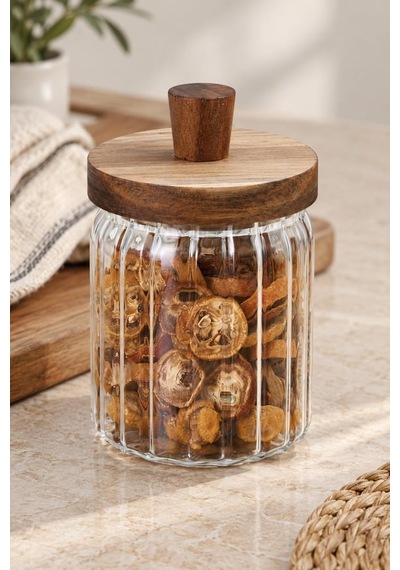 Çizgili Borosilikat Cam Erzak Kavanozu 450 Ml - Masif Akasya Vakum Kapaklı Baharat Ve Kahve Saklama Kabı