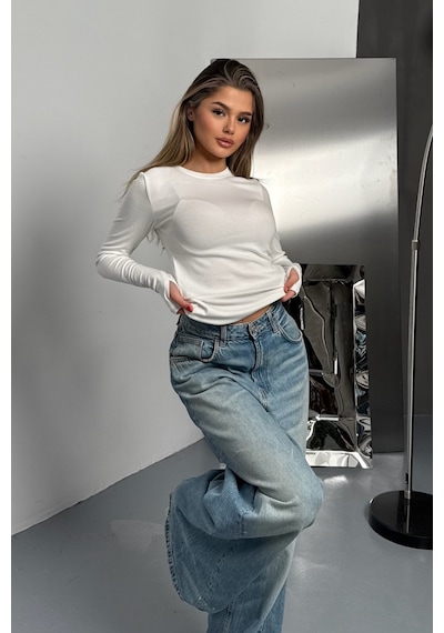 Balenbi Kadın Buzzy Parmak Geçmeli Bisiklet Yaka Basic Body 1130 Beyaz