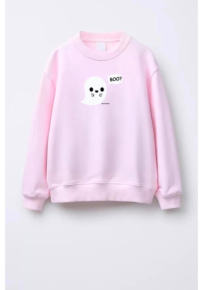 Monila Unisex Çocuk Cadılar Bayramı Temalı Baskılı Pamuklu Sweatshirt Pembe