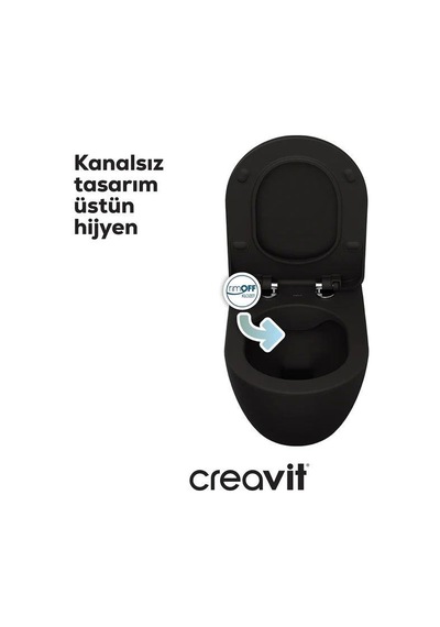 Creavit Free Rim-off Kanalsız Asma Klozet Fe322.sm Mat Siyah + Duck Yavaş Kapanan Kapak Mat Siyah 2'li Set Siyah