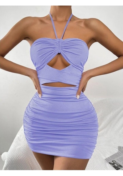 Pink Life Lila Çapraz Boyun Askılı Halter Hollow Fold Mini Elbise-lila Lila