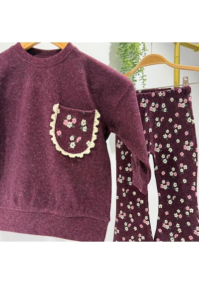 Magu Kız Çocuk Çiçek Desenli Bordo Sweatshirt Ve İspanyol Paça Tayt Takımı