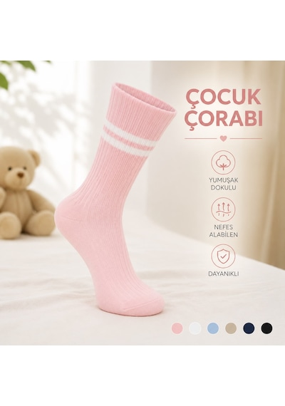 Ciho Socks Daily 6 Çift Çocuk %100 Pamuk Çizgili Tenis Okul Kolej Çorabı Pembe