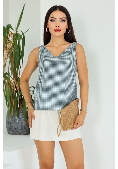 Lupinn Moda Kadın Turkuaz Beyaz Ekose Desenli V Yaka Arkası Çapraz Askılı Kolsuz Bluz Yeşil