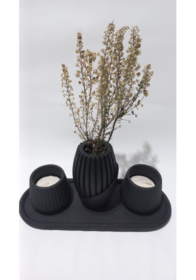 İskandinav Tabaklı Vazolu Tealight Mumluk Set Siyah