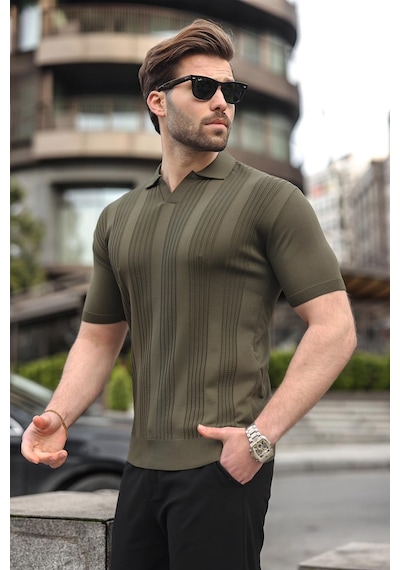 Madmext Haki Polo Yaka Triko Erkek Tişört E7469 Haki