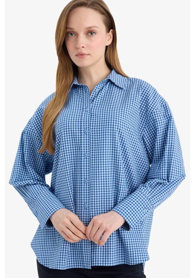 Defacto Regular Fıt Kareli Poplin Uzun Kollu Tunik G9648ax26spbe52 Mavi-be52