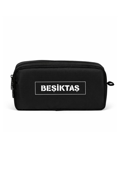 Beşiktaş Lisanslı Çift Bölmeli Siyah Paraşüt Kumaş Kalemlik - Serigraf Yazı Baskılı Kalem Kutusu