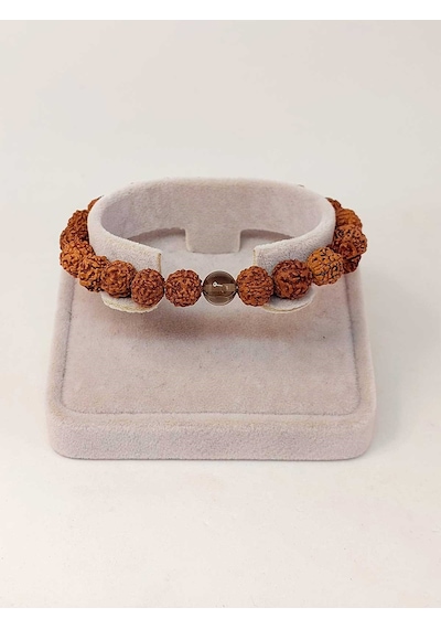 Dumanlı Kuvars Taşlı Rudraksha Tohum Unisex Bileklik 8mm Bakır