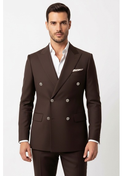 Gümüş Renk Metal Düğmeli Modern Fit Kruvaze Kahverengi Erkek Takım Elbise Wessi Gümüş Renk Metal Düğmeli Modern Fit Kruvaze Kahverengi Erkek Takım Elbise Wessi