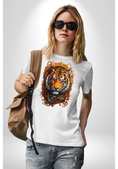 Kaplan Süs Unisex Unisex Beyaz Organik Baskılı T-shirt Penye Yüksek Kalite Beyaz