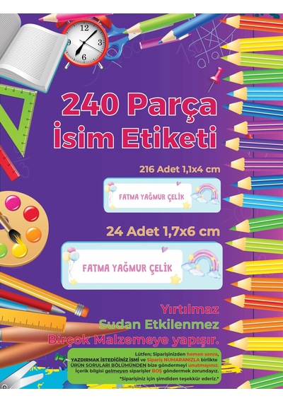 Okul Etiketi, Kalem Defter Etiketi, Gökkuşağı Etiketi - 240 Adet Folyo Sticker Çok Renkli
