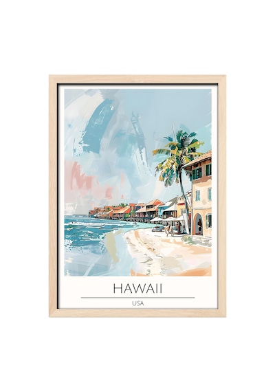 Hawaii Beachfront Usa Travel Poster Ahşap Çerçeveli Dekoratif Duvar Tablosu Ahşap 01