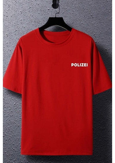 Unisex Polizei Baskılı Kısa Kol T-shirt Kırmızı