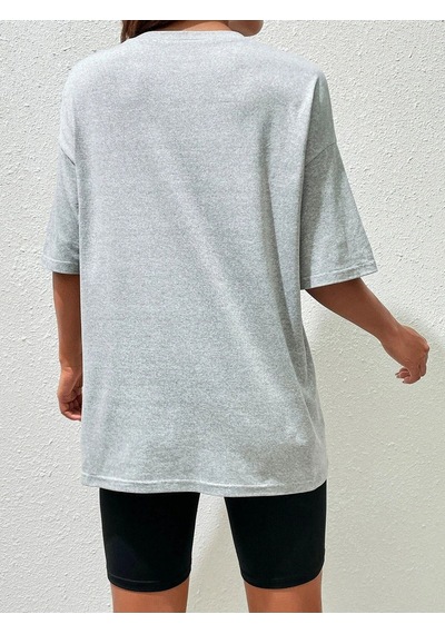 California Arabalar T-shirt - Gri Baskılı Oversize Bisiklet Yaka Kısa Kol Tişört Gri