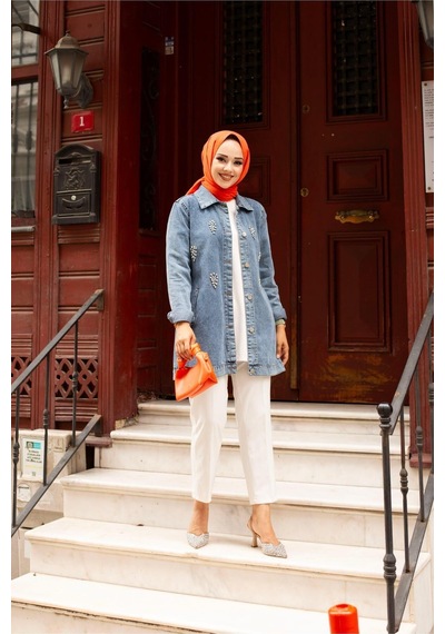 Harman Butik Kadın Kristal Taş Detay Denim Kot Ceket Mavi Mavi